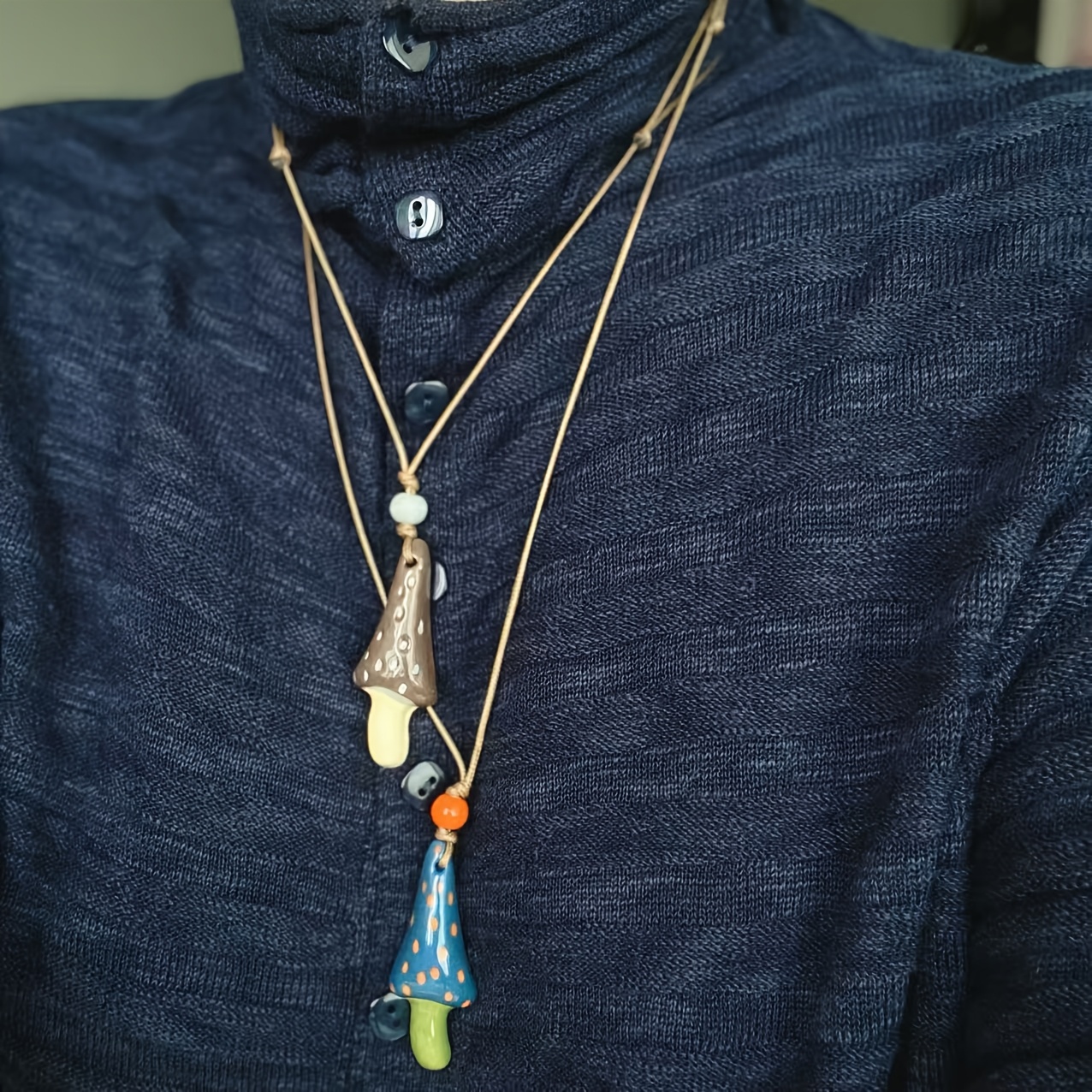 Jingdezhen Ceramic Mushroom Ethnic Art Style Pendant Necklace